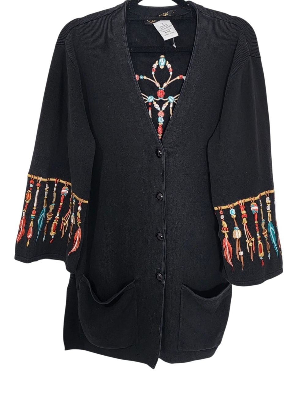 Bob Mackie Embroidered Black Button-Front Women's Cardigan Sweater